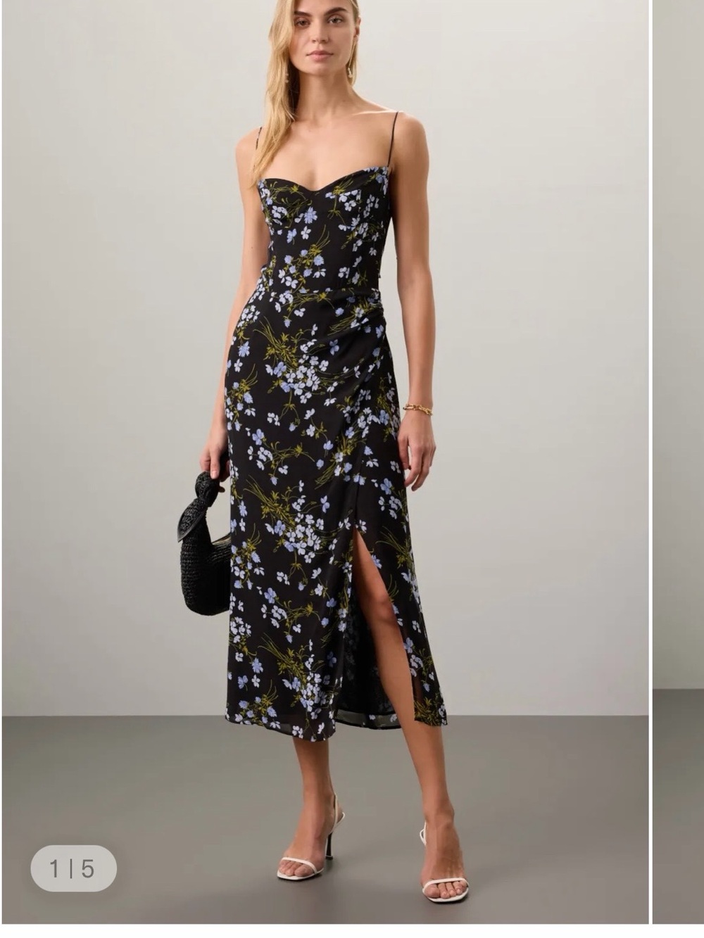 Spaghetti Strap Black Floral Midi Dress with Side Slit